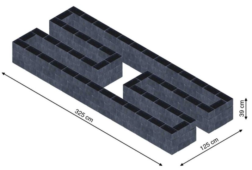 Hochbeet in Form eines H - Breite: 325 cm, Länge: 125 cm, Höhe: 39 cm