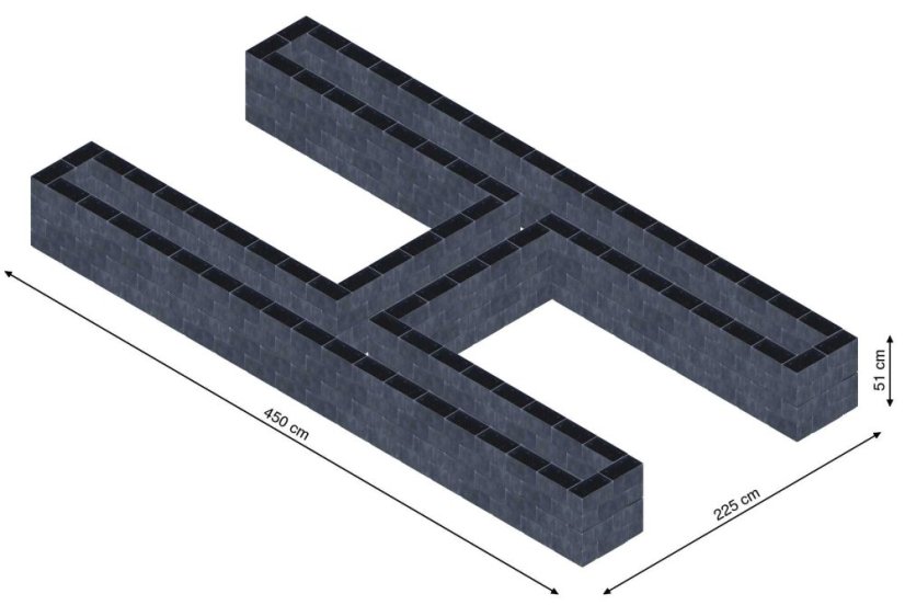 Hochbeet in Form eines H - Breite: 450 cm, Länge: 225 cm, Höhe: 51 cm