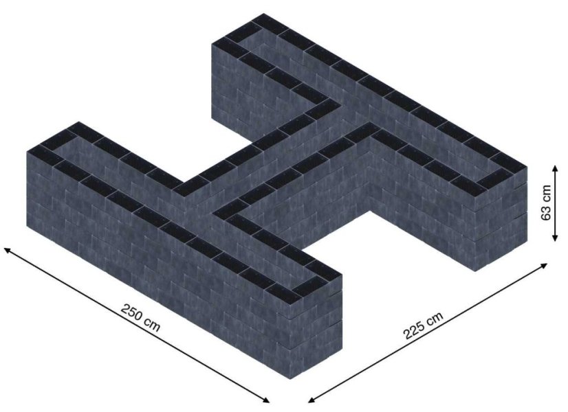 Hochbeet in Form eines H - Breite: 250 cm, Länge: 225 cm, Höhe: 63 cm