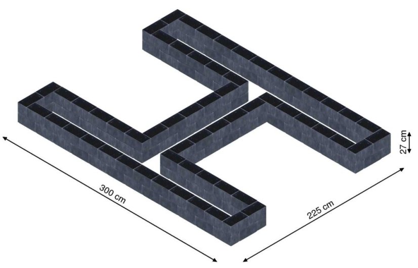 Hochbeet in Form eines H - Breite: 300 cm, Länge: 225 cm, Höhe: 27 cm