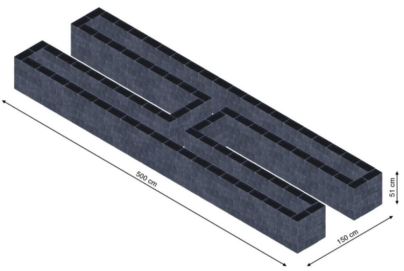 Hochbeet in Form eines H - Breite: 500 cm, Länge: 150 cm, Höhe: 51 cm