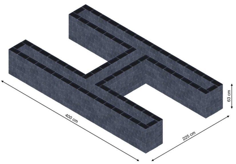 Hochbeet in Form eines H - Breite: 400 cm, Länge: 225 cm, Höhe: 63 cm