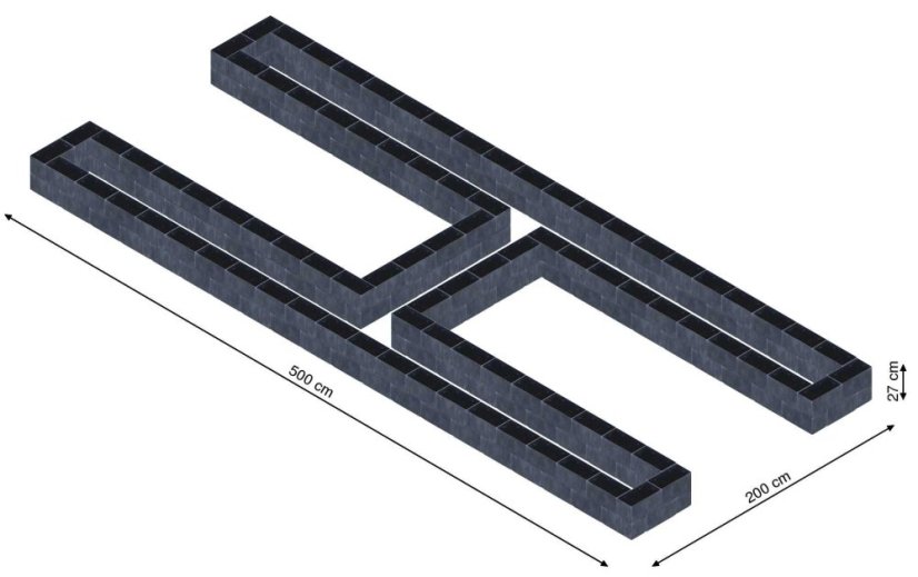 Hochbeet in Form eines H - Breite: 500 cm, Länge: 200 cm, Höhe: 27 cm