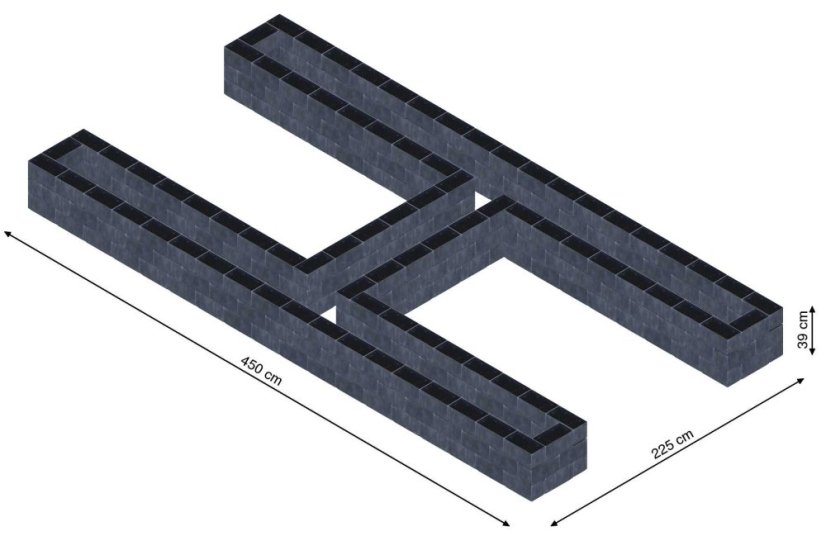 Hochbeet in Form eines H - Breite: 450 cm, Länge: 225 cm, Höhe: 39 cm