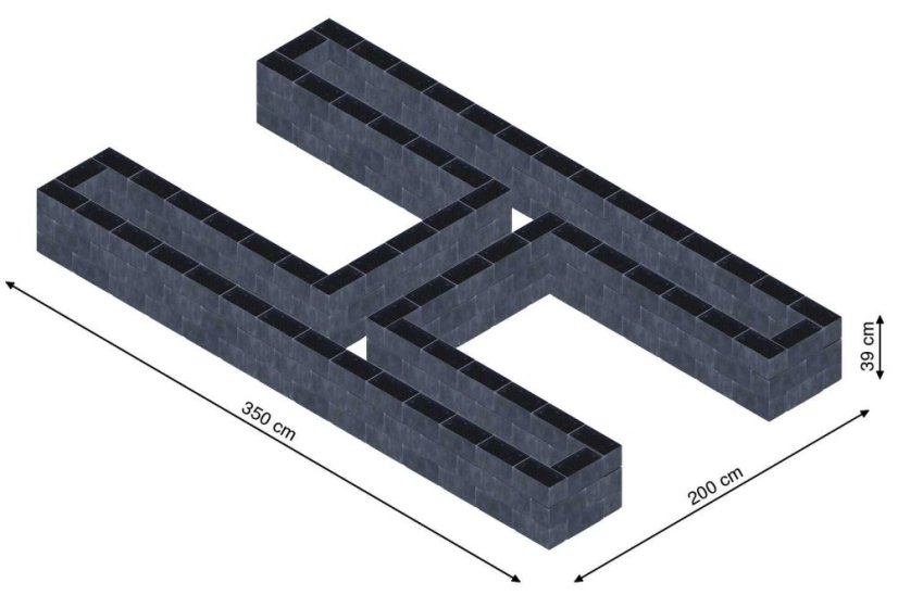 Hochbeet in Form eines H - Breite: 350 cm, Länge: 200 cm, Höhe: 39 cm