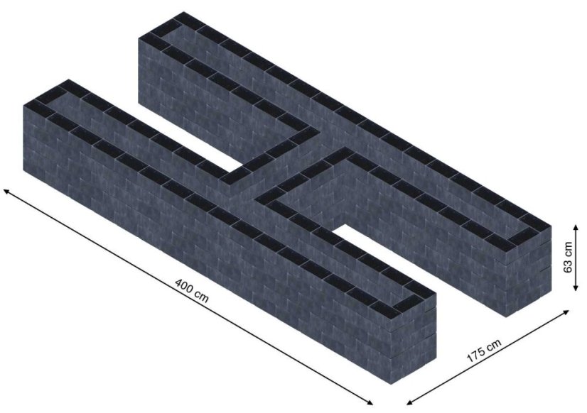 Hochbeet in Form eines H - Breite: 400 cm, Länge: 175 cm, Höhe: 63 cm
