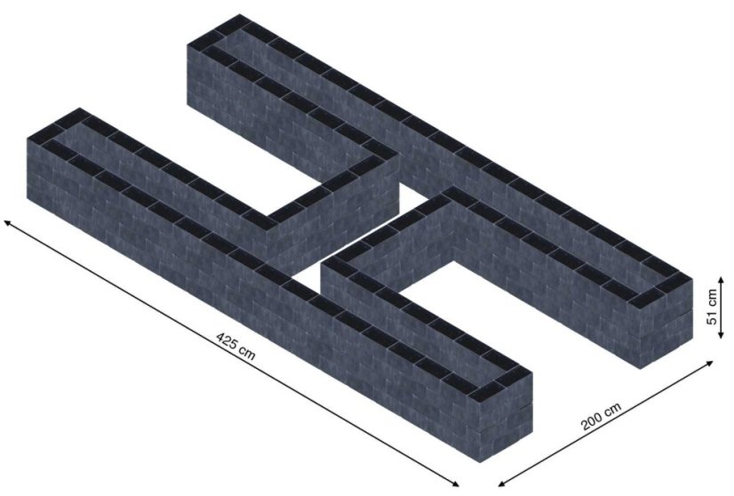 Hochbeet in Form eines H - Breite: 425 cm, Länge: 200 cm, Höhe: 51 cm